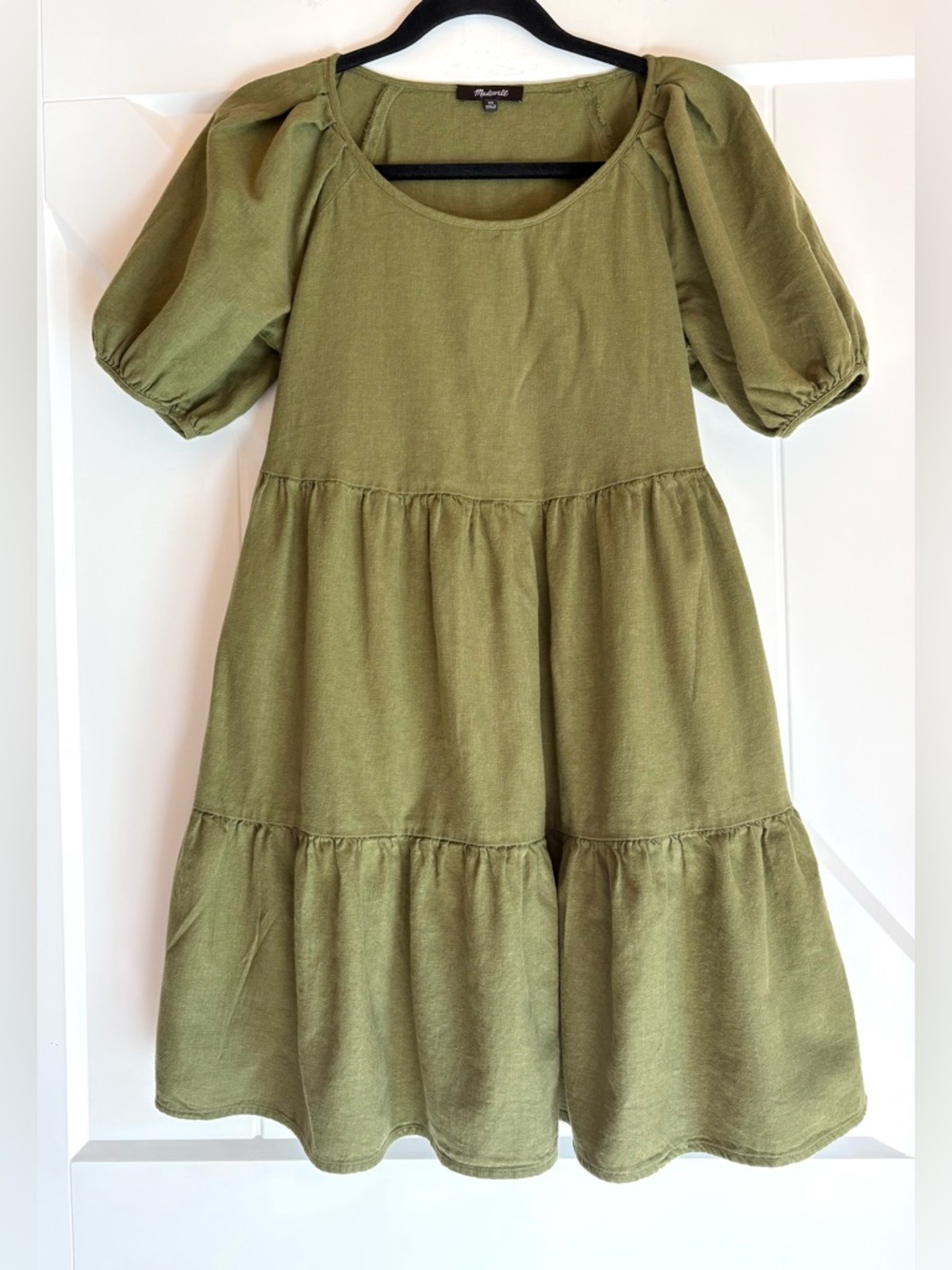 Madewell Olive Green Cottagecore Puff Sleeve Tiered Mini Dress Babydoll Boho XS